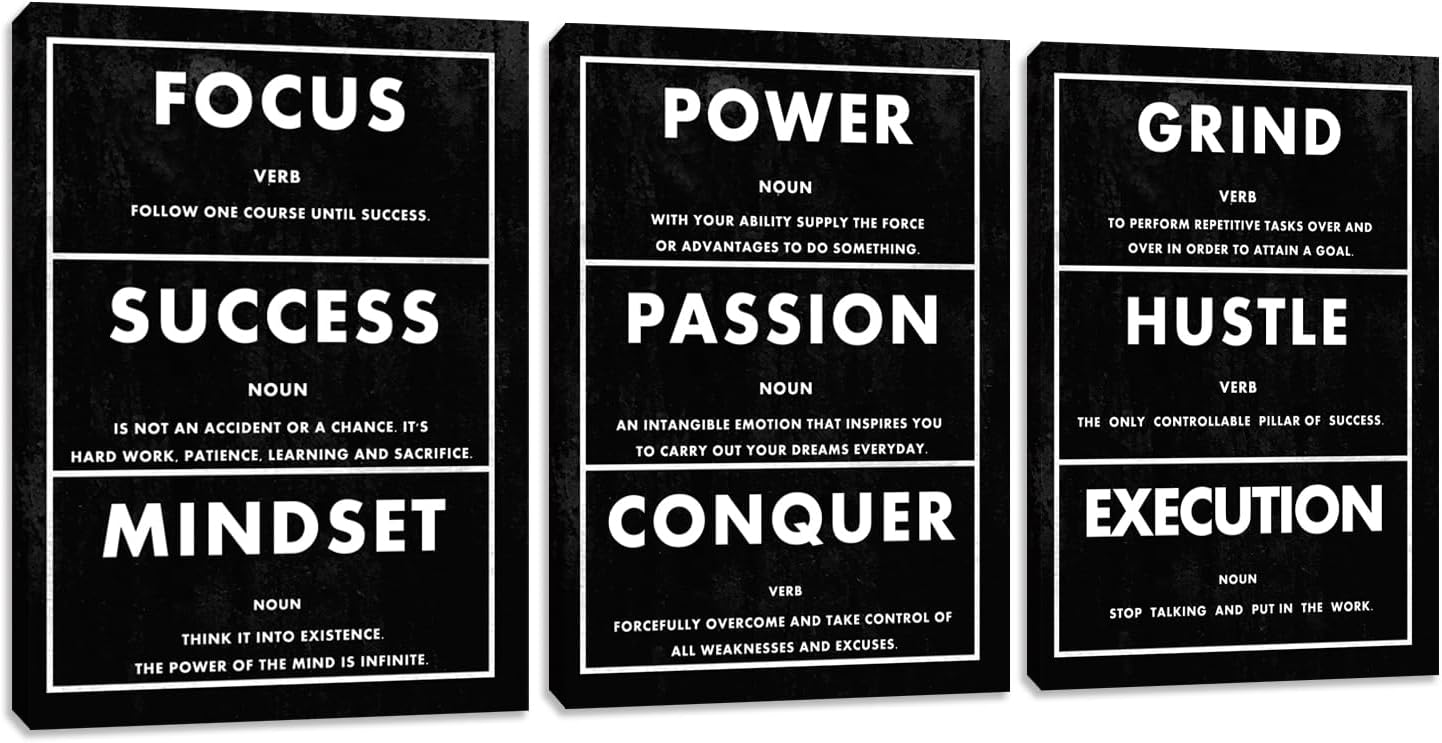 Inspirational Canvas Paintings 3 Pieces Motivational Office Wall Art Success Wall Decor Hustle Quotes Posters Wall Picture Framed Artwork Living Room Bedroom Home Decoration (48" Wx24 H)