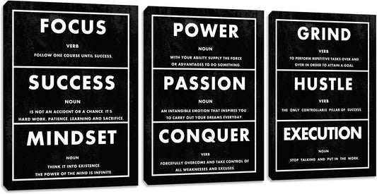 Inspirational Canvas Paintings 3 Pieces Motivational Office Wall Art Success Wall Decor Hustle Quotes Posters Wall Picture Framed Artwork Living Room Bedroom Home Decoration (48" Wx24 H)