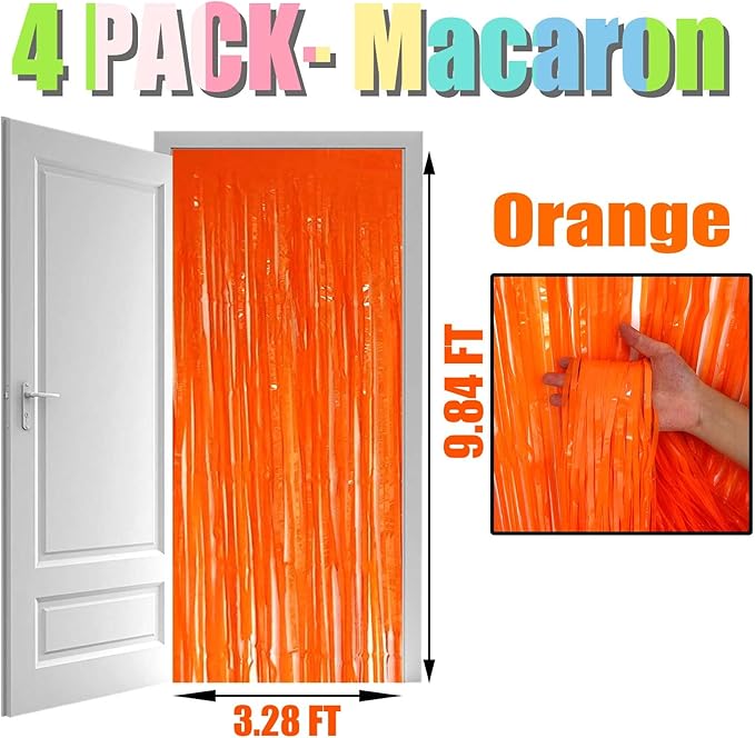 4 Pack Orange Foil Fringe Curtain Backdrop, 3.3Ft x 9.8Ft Metallic Tinsel Streamers Curtains Photo Booth, Wedding, Thanksgiving, Birthday, Christmas, Halloween Party Decor, Macaron