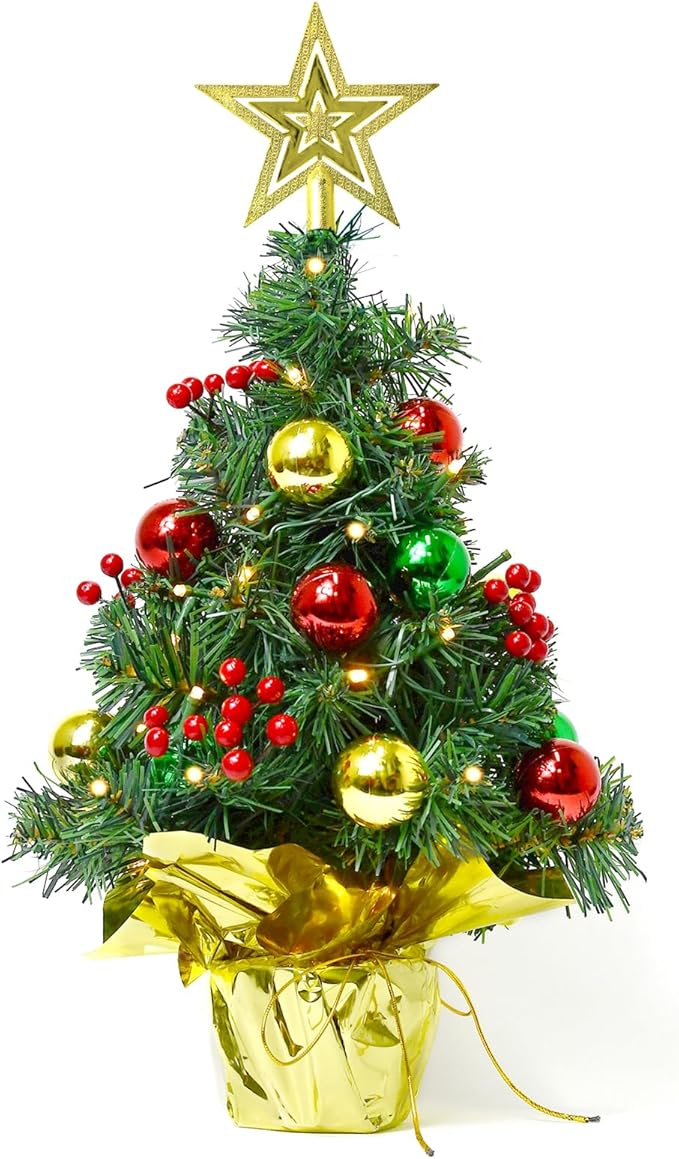 Tabletop Christmas Tree with LED String Lights,22In Pre-Decorated Mini Artificial Christmas Tree for Desktop,Star Treetop and Colored Oranments for Home Indoor Holiday Christmas Decoration-Red