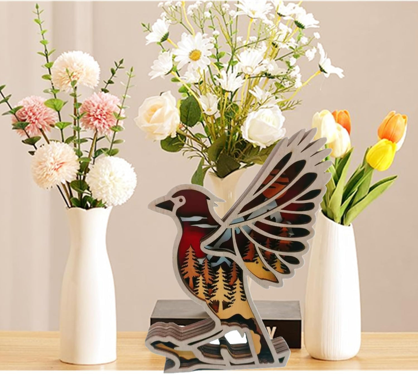 Forest AnimalDesk Art Decor Wooden Farmhouse Table Decoration, Cabin Nursery Mountain Decor for Bedroom Living Room (Bird)