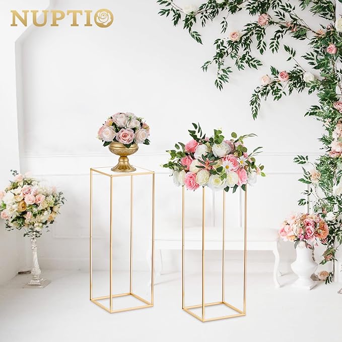 Nuptio 10 Pcs Gold Vase Metal Column Stand Road Lead Geometric Centerpiece Vase for Tables, 31½ inch Tall Floor Vases Decorative Tall Flower Rack for Home Event Party Wedding Decorations for Reception