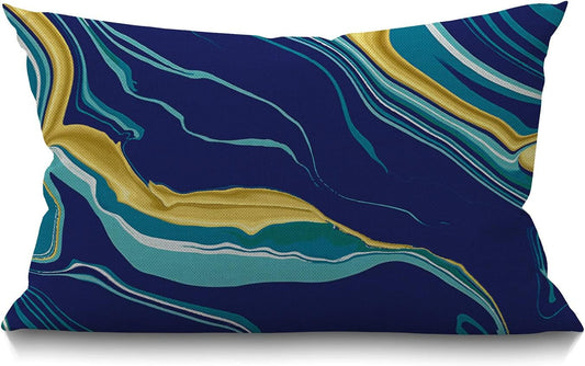 Marble Texture Pillow Cover,Yellow Blue Green Golden Fluid Marble Hipster Ink Luxury Elegant Colorful Cotton Linen Throw Pillow case Cushion Cover for Sofa Home Decorative Oblong 12x20 Inches