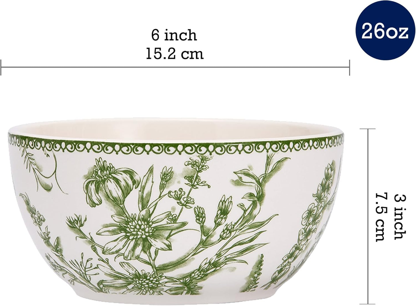 Bico Green Garden Toile De Jouy Cereal Bowls Set of 4, 26 oz Deep Ceramic Soup Bowls for Cereal, Salad, Noodles, Kitchen, Microwave and Dishwasher Safe, Gift for Housewarming and Thanksgiving
