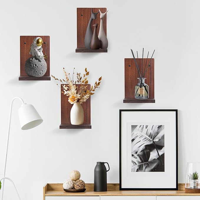 Small Wall Shelf Modern,Wooden Mini Floating Shelves,Indoor Wall Mounted Plants Shelf L Shaped,Midcentury Display Decorative Holder for Gallery Living Room Bedroom Porch,Pine,4 Pack(Rustic Walnut)