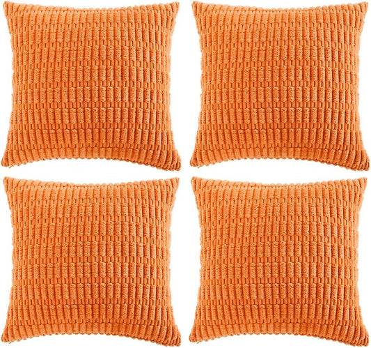 Fancy Homi 4 Packs Orange Fall Decorative Throw Pillow Covers 16x16 Inch for Couch Living Room Bed Sofa, Halloween Pumpkin Autumn Home Decor, Soft Cute Plush Corduroy Striped Cushion Case 40x40 CM