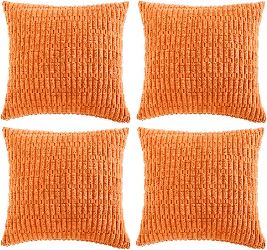 Fancy Homi 4 Packs Orange Fall Decorative Throw Pillow Covers 26x26 Inch for Couch Living Room Bed Sofa, Halloween Pumpkin Autumn Home Decor, Soft Cute Plush Corduroy Striped Cushion Case 66x66 CM