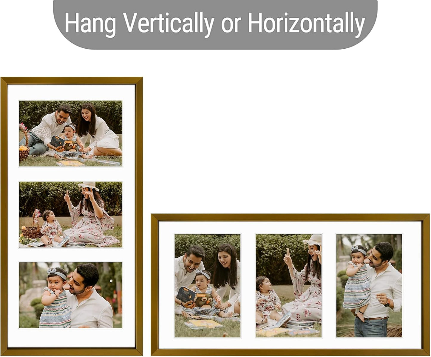 Frametory - 7x14 Aluminum Collage Picture Frame - Display 4x6 Pictures with 3 Openings Mat - Real Glass Front - Horizontal/Vertical Wall Mount - Bronze 1 Pack