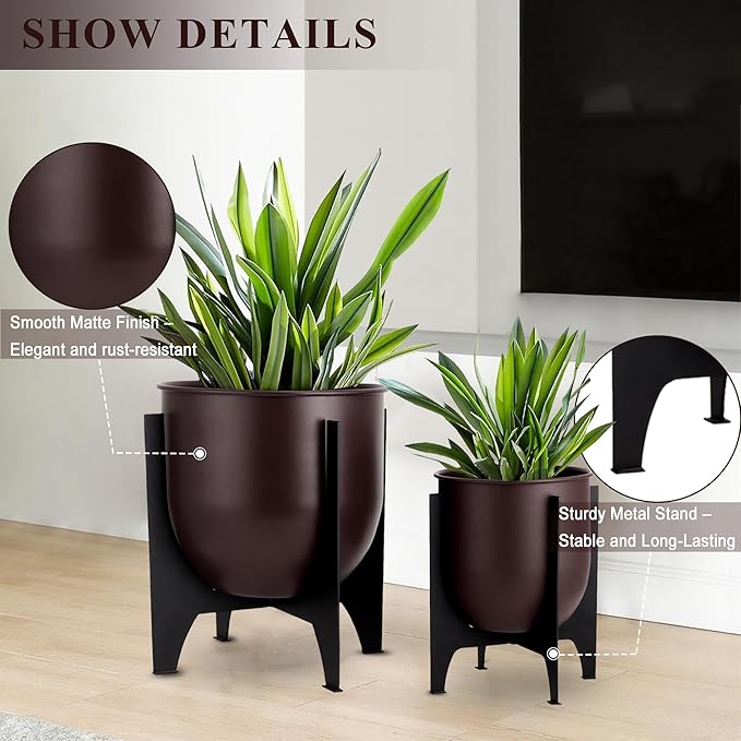 TRIROCKS Set of 2 Planters with Stand Indoor Outdoor Metal Plant Stand 11 &8.5" H Modern Planters Flower Pots for Living Room Corner Kitchen Office Garden Balcony Patio Decor (Brown)