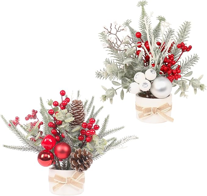 2PCS Small Christmas Tree,11" Artificial Little Potted Mini Tabletop Tree Christmas Decorations, for Wedding Holiday Indoor Xmas Party Decor (Red/Green/White).