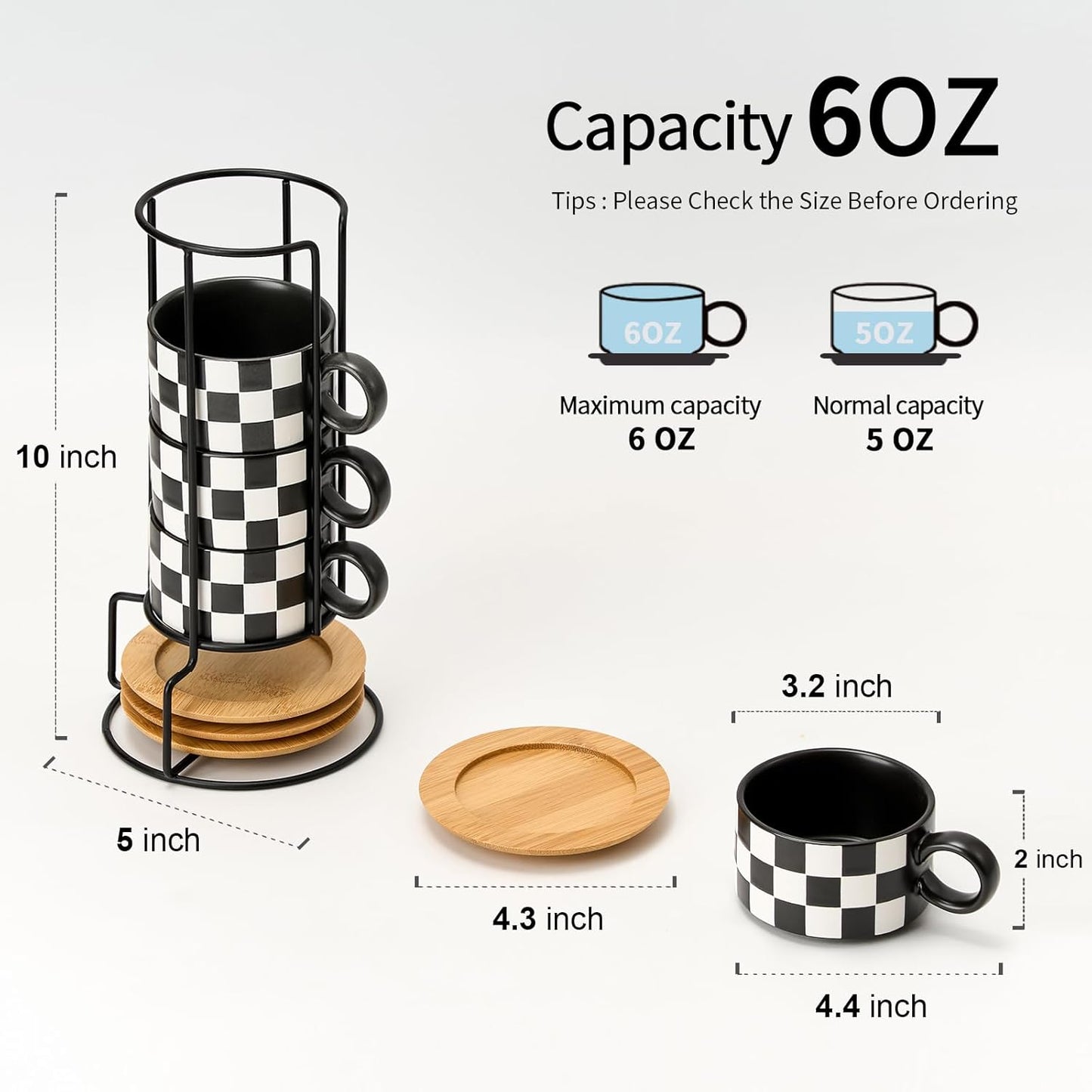 LUKA 6 Ounce Ceramic Stackable Black and White Checkered Espresso Cups with Saucers and Metal Stand Set of 4, Cappuccino Cups Set for Coffee Drinks, Latte, Cafe Mocha and Tea, Black Interior