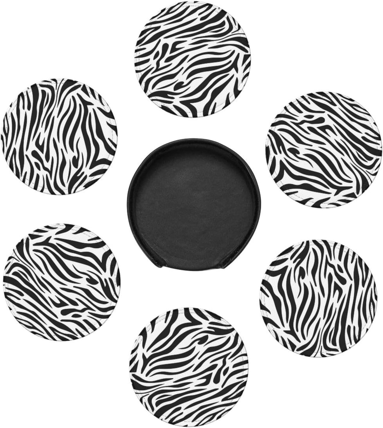 Drink Coasters with Holder Stand Set of 6, Zebra Stripes Print Pu Leather Absorbent Coasters with Cork Base Table Round Coaster for Housewarming Apartment Kitchen Bar Decor