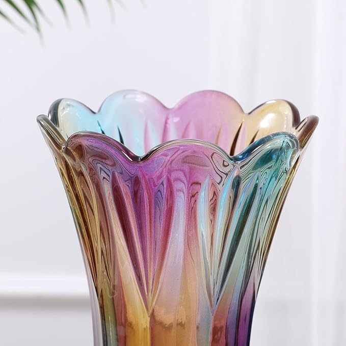 Glass Colorful Vase,Glass Flower Vase Decor for Home Dining Table Living Room,Office Wedding Holiday Party,Handmade Pattern(Phoenix Tail Style)