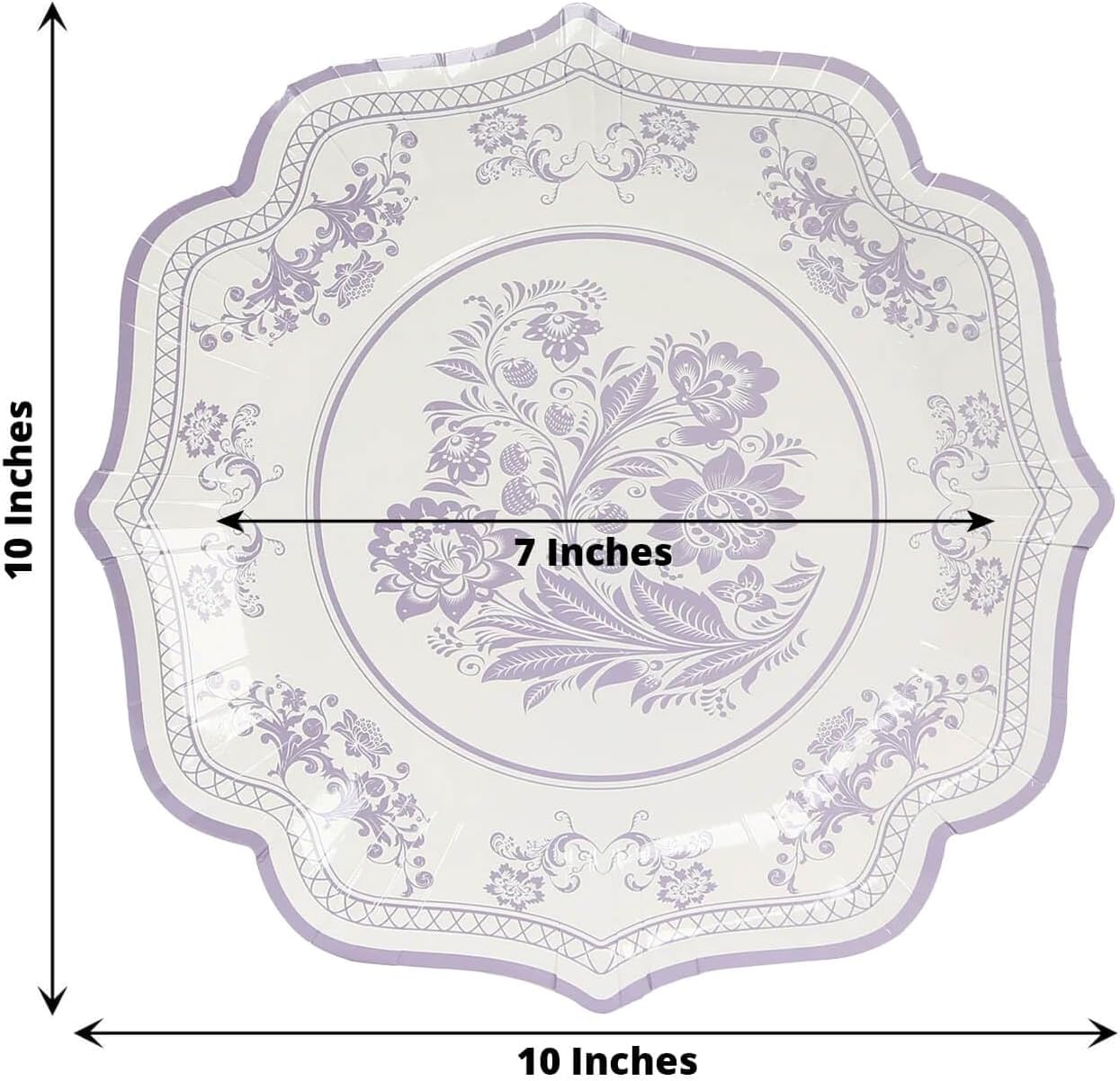 Efavormart 25 Pack White Lavender Lilac Paper Dinner Plates in Damask Floral Pattern, 10" Disposable Party Plates with Scalloped Rims - 300 GSM