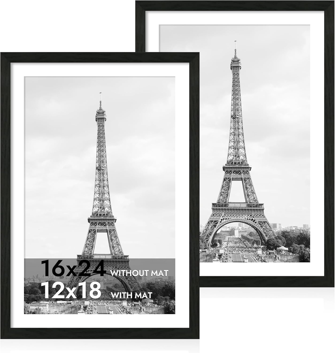 iRahmen 16x24 Picture Frame Set of 2 with Plexiglass, Black Wood Frame Display 12x18 Picture with Mat or 16 x 24 Without Mat, Poster Frame for Photo Wall Mounting Horizontal and Vertical