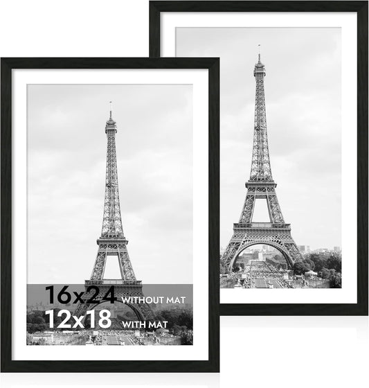 iRahmen 16x24 Picture Frame Set of 2 with Plexiglass, Black Wood Frame Display 12x18 Picture with Mat or 16 x 24 Without Mat, Poster Frame for Photo Wall Mounting Horizontal and Vertical