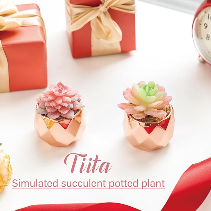 Tiita 4 Pack Artificial Faux Succulents in Pots, Mini Rose Gold Fake Plants for Women Desk, Small Realistic Faux Succulents for Home Office Accessories Window Sill Bathroom Bedroom, Rose Gold