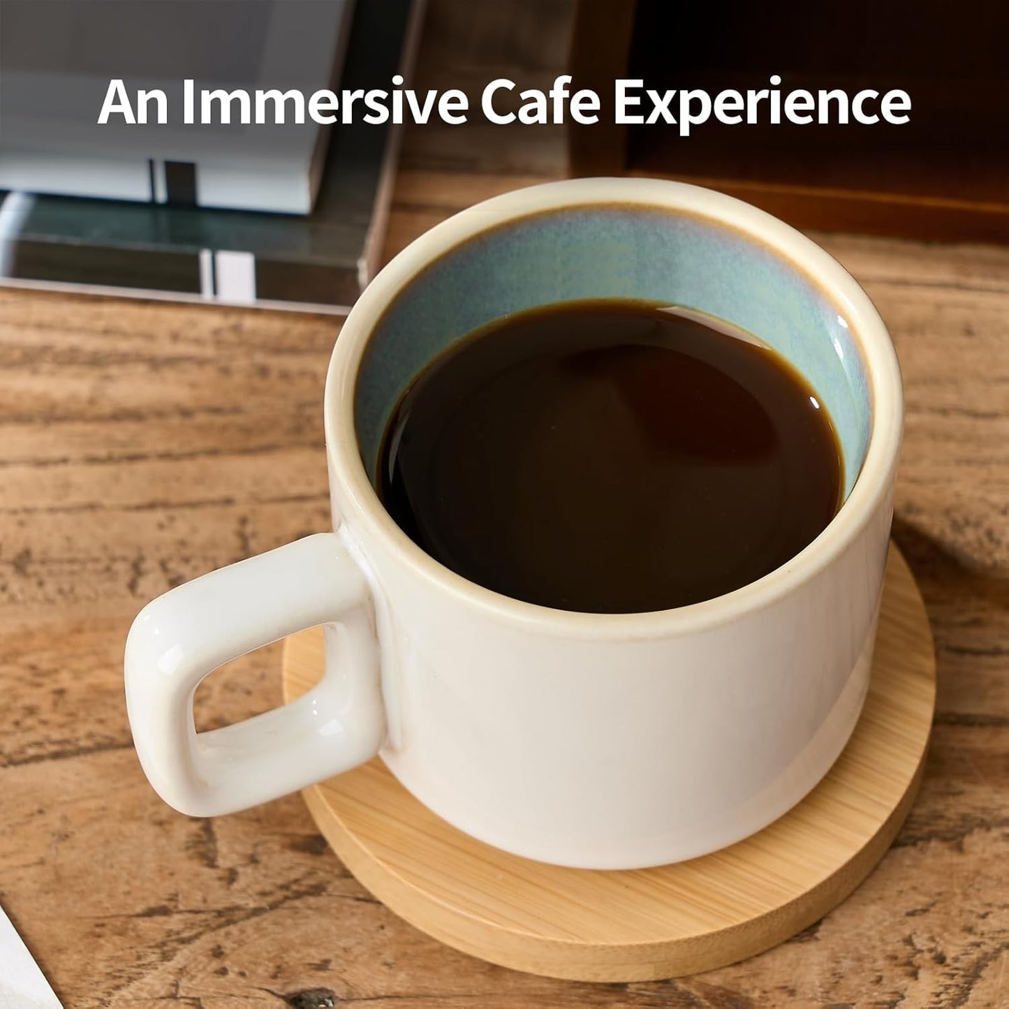 LUKA Porcelain Stackable Espresso Cups with Saucers and Metal Stand, 4 Ounce Small Ceramic Demitasse Cups Set for Latte, Specialty Coffee Drinks, Cafe Mocha,Tea - Set of 4, White Green Interior