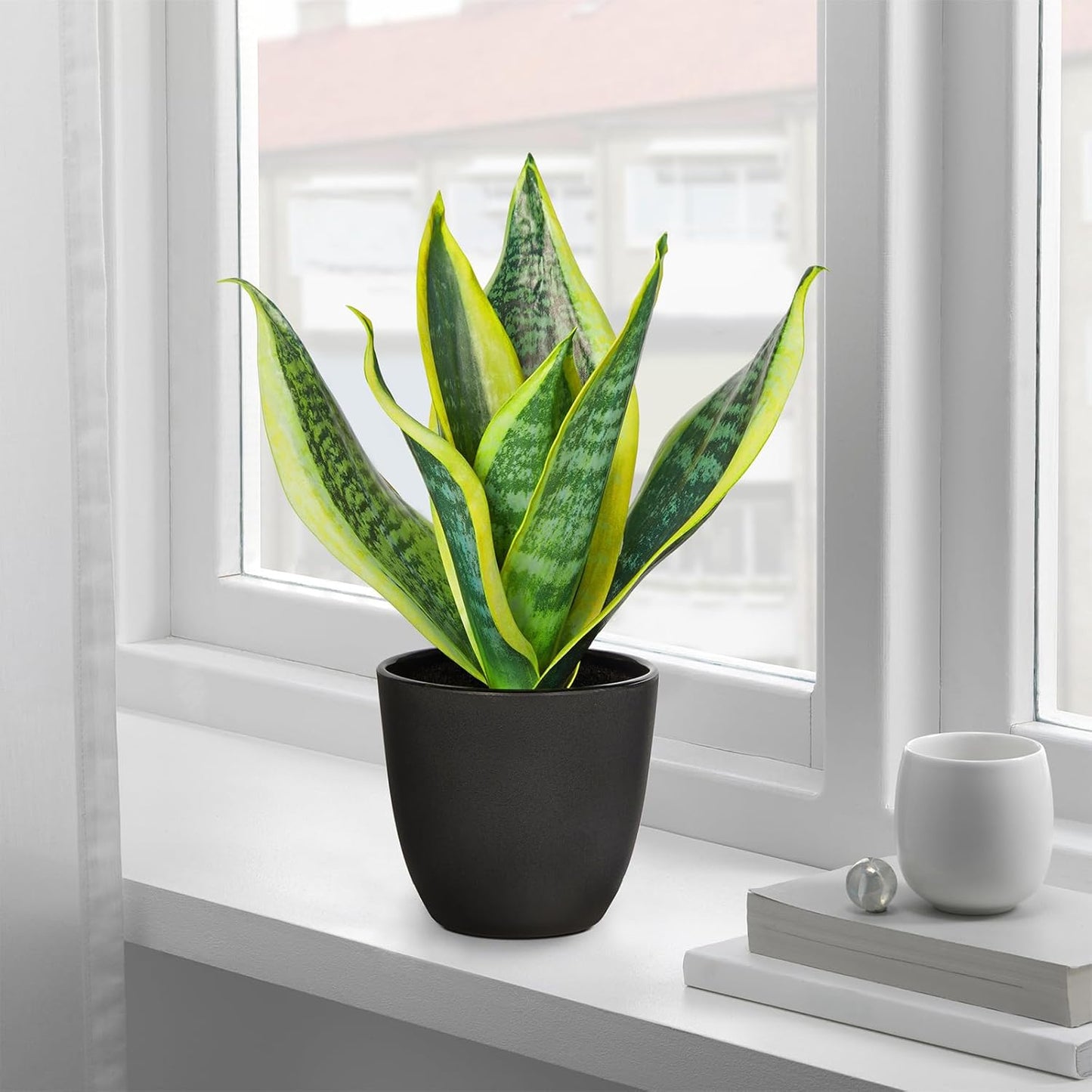 Fake Plant 11.22 Inch Fake Snake Plant Artificial Plants Indoor Sansevieria Faux Plants with Black Pot Artificial Snake Plant for Living Room Bathroom Office Table Centerpieces Shelf Home Decor