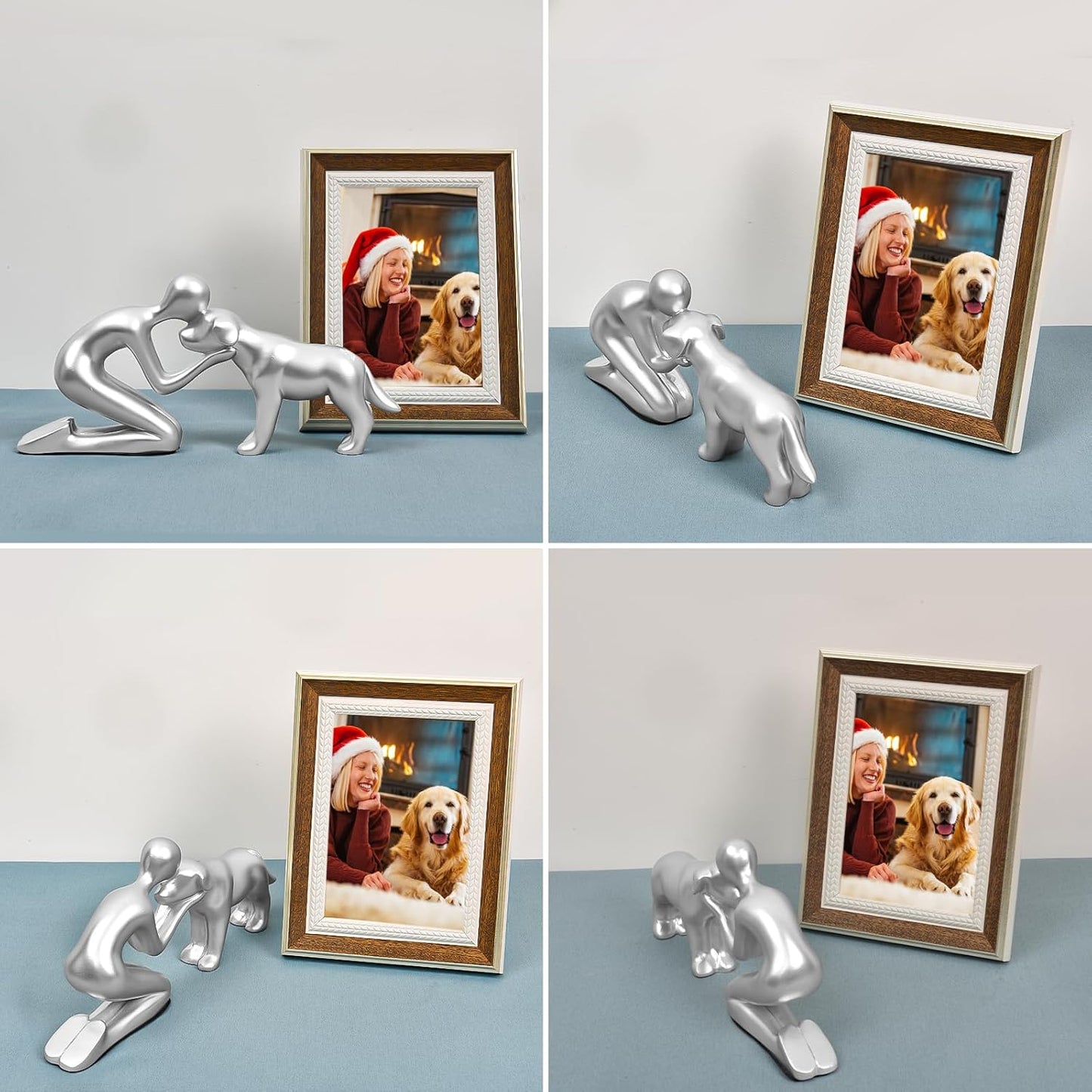Dog Sculpture Decoration Cute Man and Dog Statue Home Decor for Office、Living Room、Bedroom、Shelf Home， Memory Gifts for Pet Lovers (Silver)