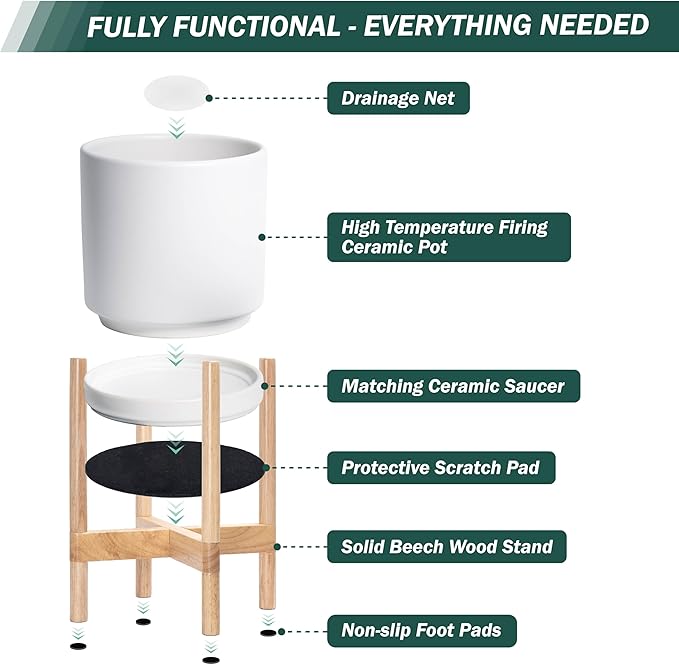 D'vine Dev Ceramic Planter with Natural Stand - 10 Inch Modern Round Flower Pot with Wood Planter Holder, White, 55-B-K-1