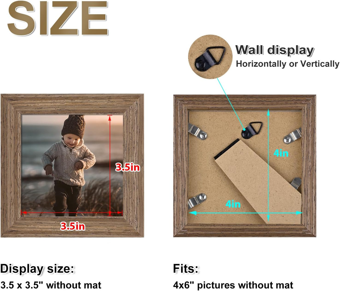 KINLINK 4x4 Picture Frame, Brown Square Solid Wood Frames for Pictures 4x4 without Mat, Wall and Tabletop Display Photo Frames Brown Wood 4 Pack