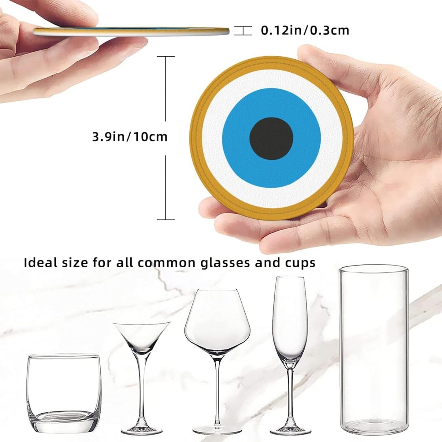 Evil Eye Themed Leather Drink Coasters Set of 6 with Holder Round Cup Coaster for Table Decor