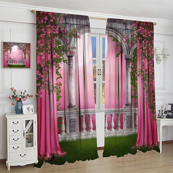 Pink Gothic Blackout Curtains，Vintage Romantic Roses Medieval Castle Pattern Drapes Window 2 Panel Rod Pocket Curtain for Bedroom Living Room Decor 21" W X 54" L