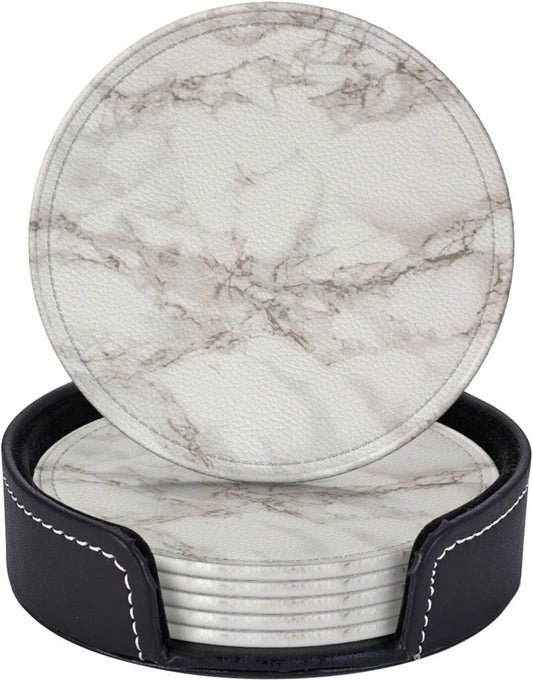 Drink Coasters with Holder Stand Set of 6, White Marble Texture Pu Leather Absorbent Coasters with Cork Base Table Round Coaster for Housewarming Apartment Kitchen Bar Decor