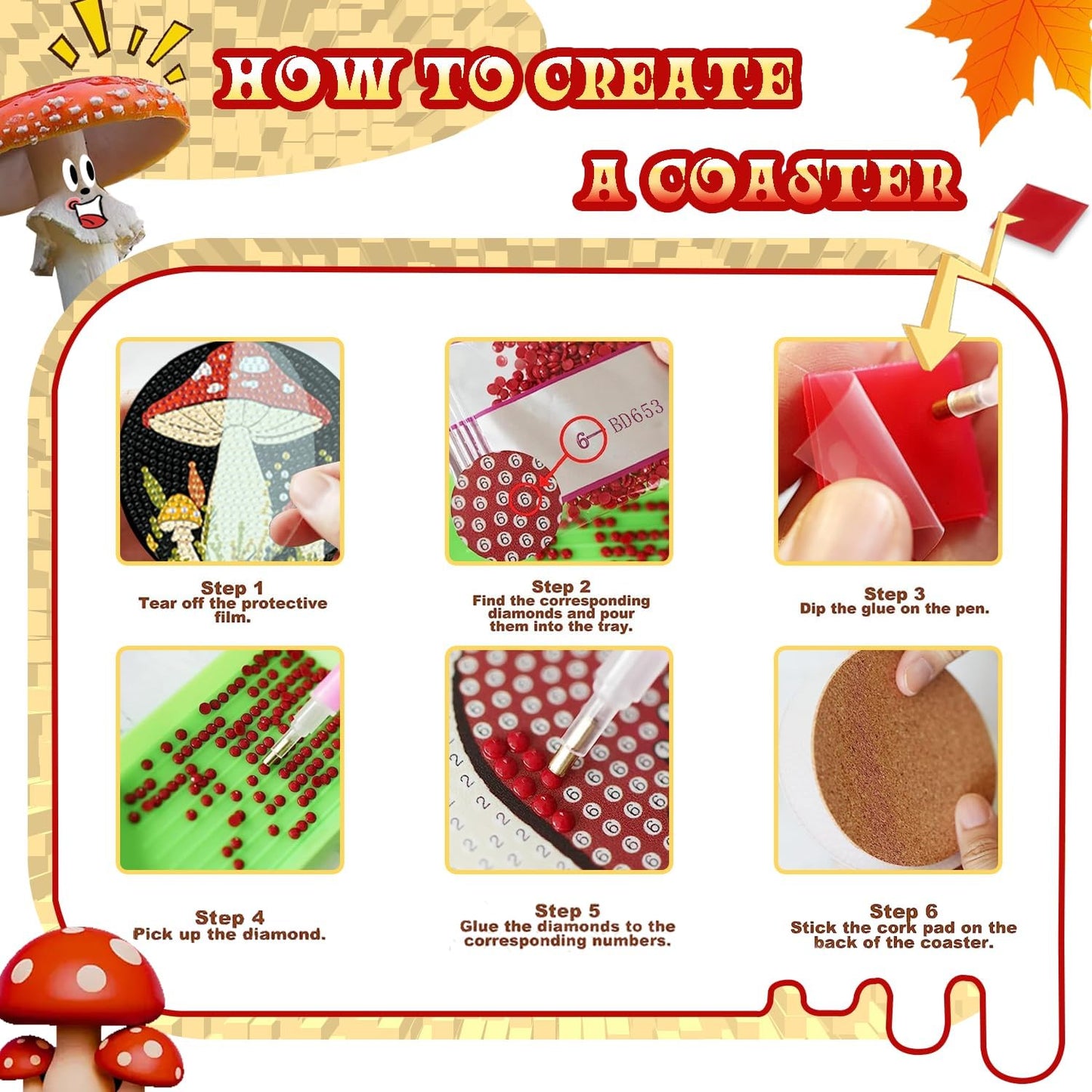 EWJRNSF 6 PCS 5D Diamond Painting Coasters Kits with Holder, Small Diamond Art Kits for Adults Beginners Diamond Dots Arts and Crafts Gems Supplies Item Mushroom Shaped