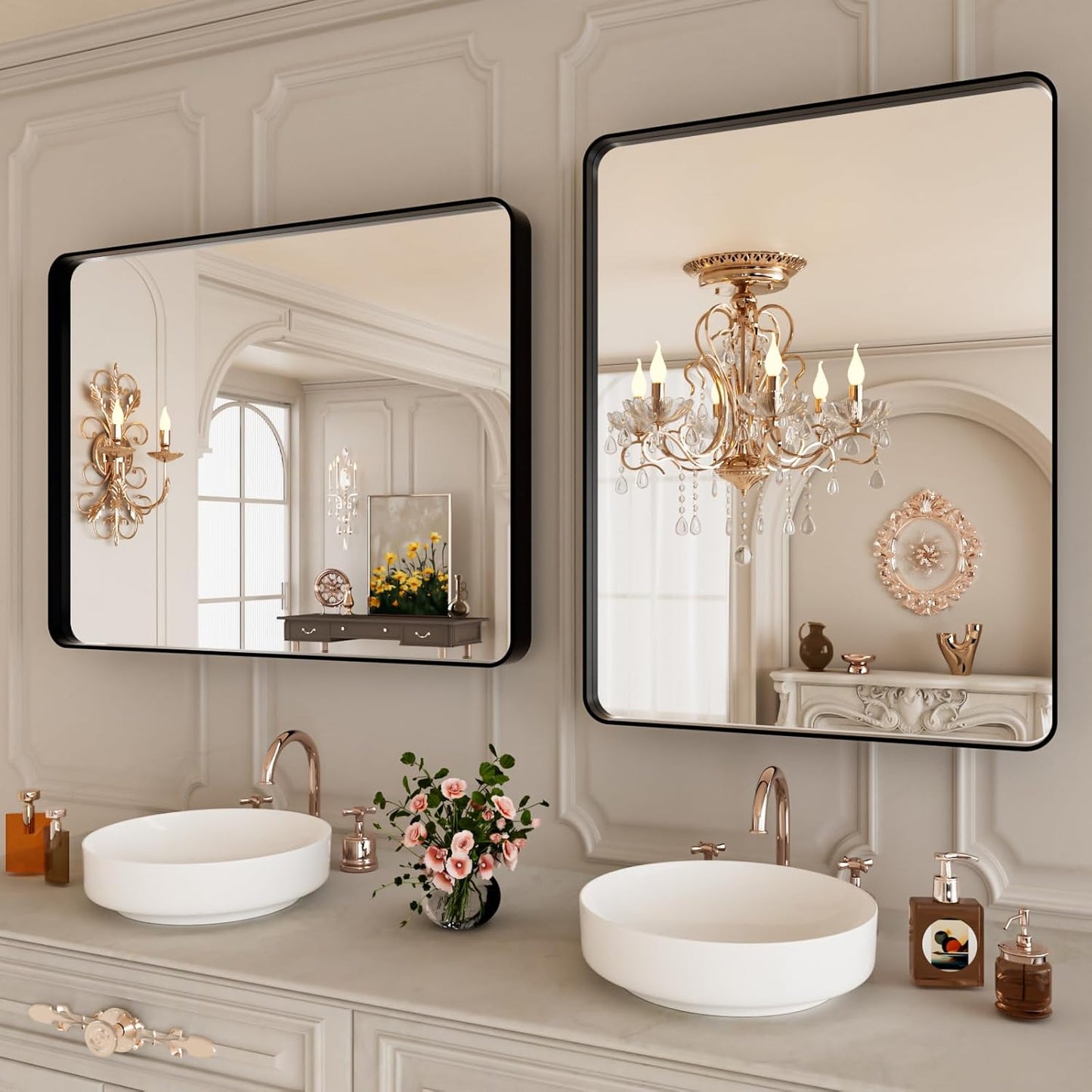 Black Bathroom Vanity Mirror 24x30 Inch,Rounded Rectangle Matte Black Mirror for Bathroom Wall,Tempered Glass,Horizontal or Vertical