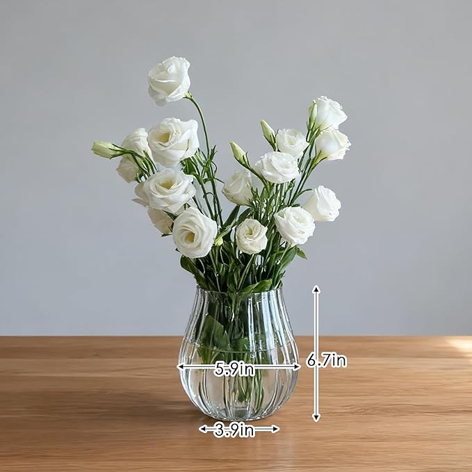Flower-Shaped Wide Mouth Glass Vase - 6.7" Tall Transparent Vase, Ideal for Fresh Flowers/Floating Tealights, Home Display (Living Room/Bedroom), Wedding Centerpieces & Holiday Decor