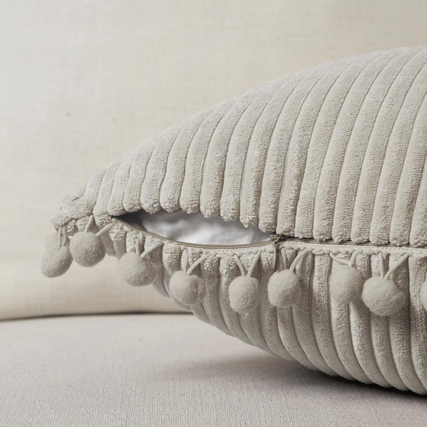 Fancy Homi 22x22 Pillow Covers, Pack of 2 Neutral Taupe Throw Pillow Covers with Pom-poms, Super Soft Corduroy Square Solid Cushion Cover for Couch Sofa Bedroom Living Room 55x55 cm