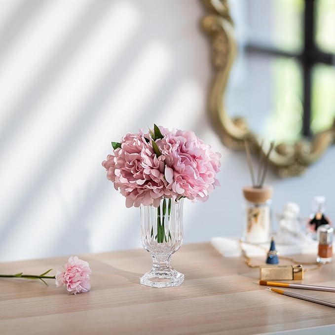 Glasseam Pedestal Glass Vase for Flowers, 7.5in Tall Compote Vase Set of 3, Crystal Clear Vases for Centerpieces, Ribbed Decorative Vases for Home Decor, Cute Footed Urn for Living Room Decorations