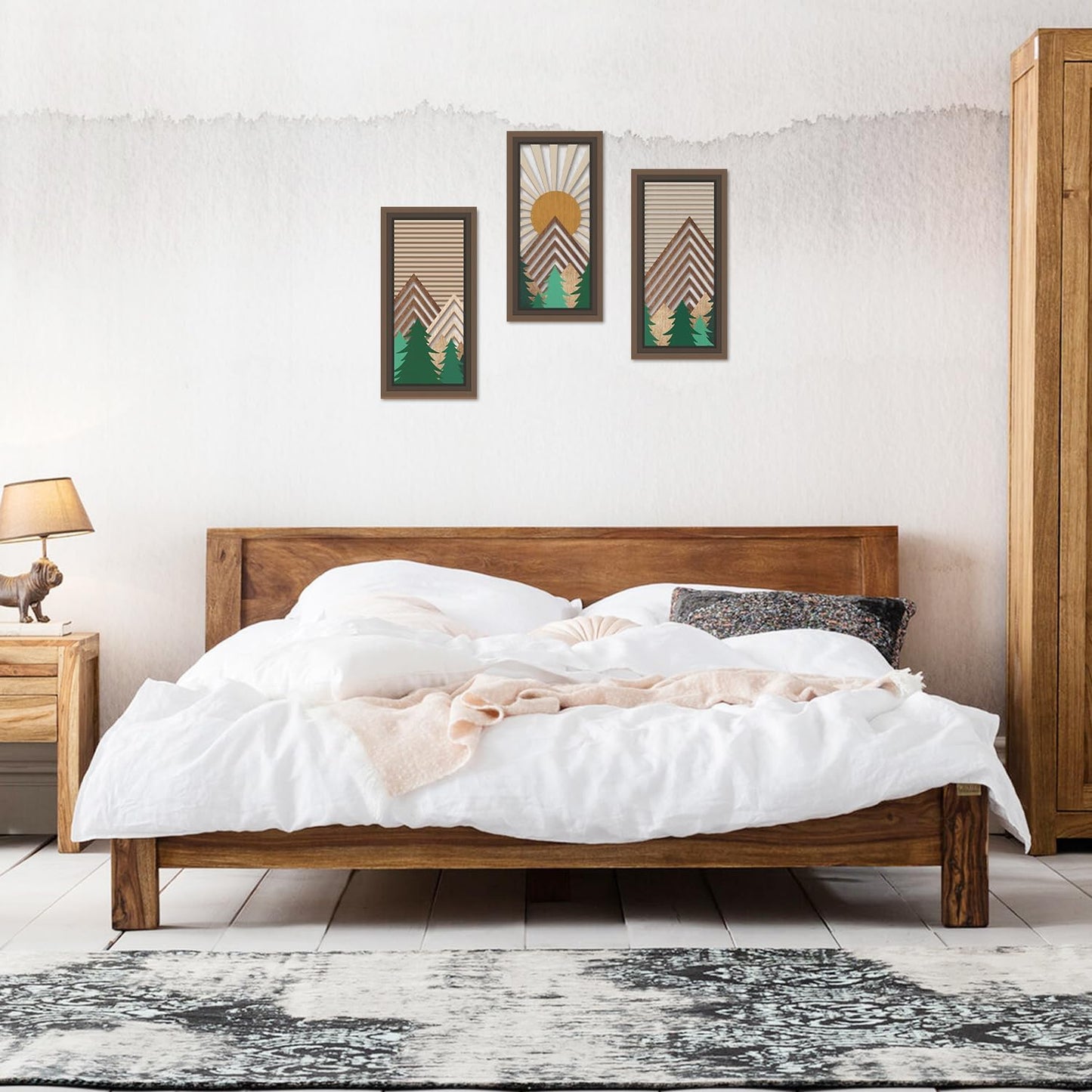 IARTTOP 3 Pcs Boho Mountain Wooden Wall Art Minimalist Geometric Artwork Pine Tree Sunrise Wood Wall Decor Bohemian Forest Hanging Decor for Living Room Bedroom Office 7.9 x15.8 Inch