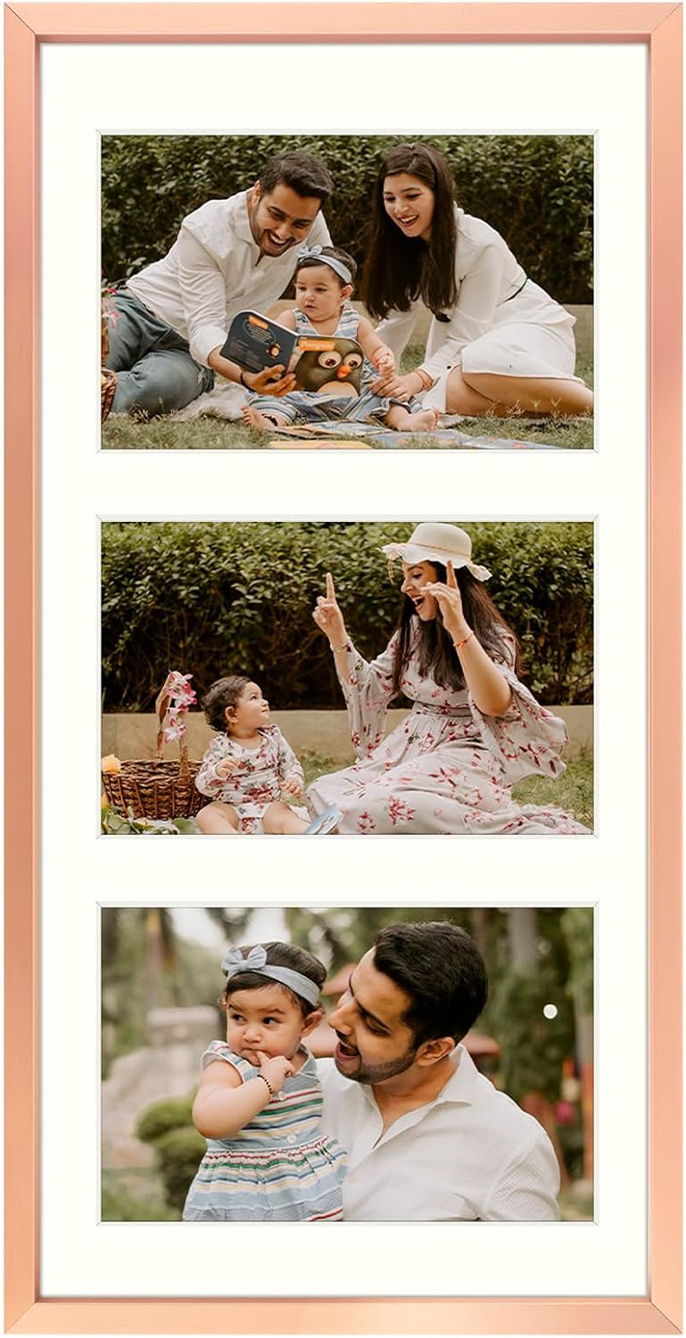 Frametory - 7x14 Aluminum Collage Picture Frame - Display 4x6 Pictures with 3 Openings Mat - Real Glass Front - Horizontal/Vertical Wall Mount - Rose Gold 1 Pack