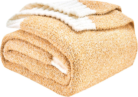 CozeCube Super Soft Fullfy Microfiber Reversible Knitted Blankets, Warm Cozy Fuzzy Plush Throw, Orange and White Melange Throw Blanket for Couch Bed Sofa, 60" x 80"