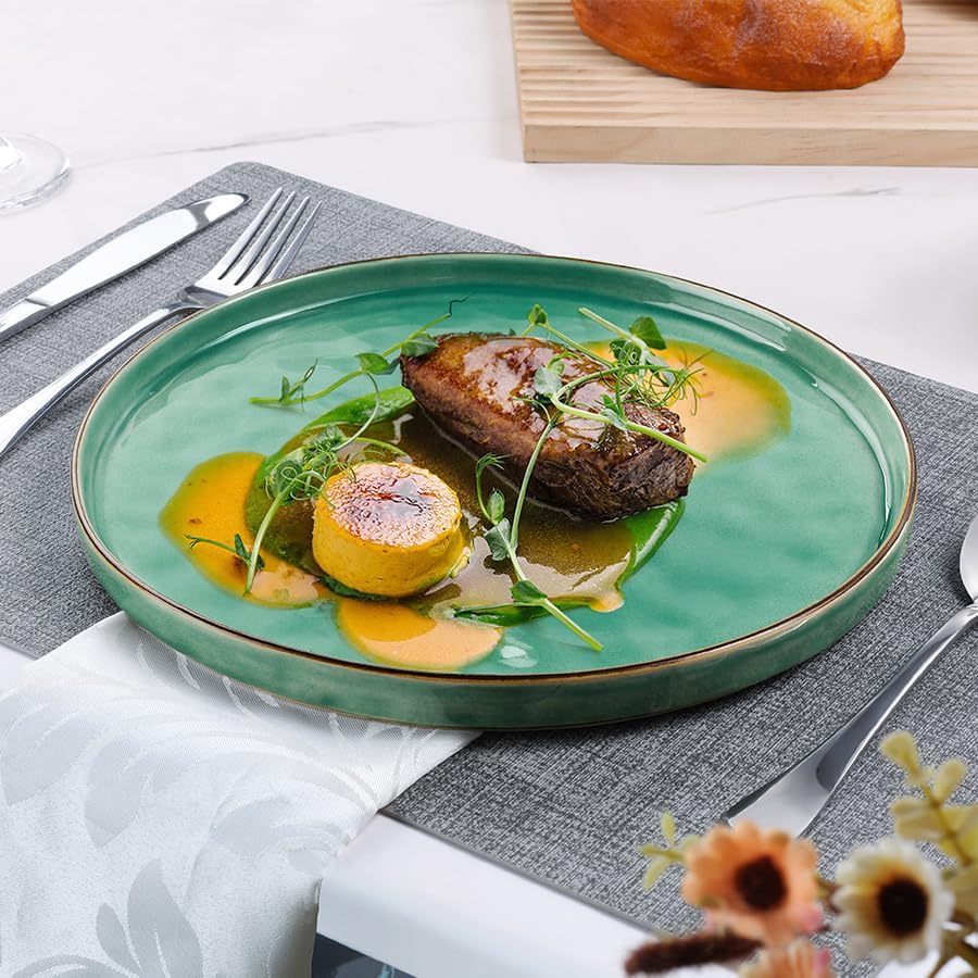 LIANYU Ceramic Dessert Plates Set of 6, 7.9 Inch Kitchen Dinner Plates Set, Porcelain Serving Dishes for Cake, Bread, Salad, Snack and Steak, Microwave, Oven and Dishwasher Safe, Emerald Green