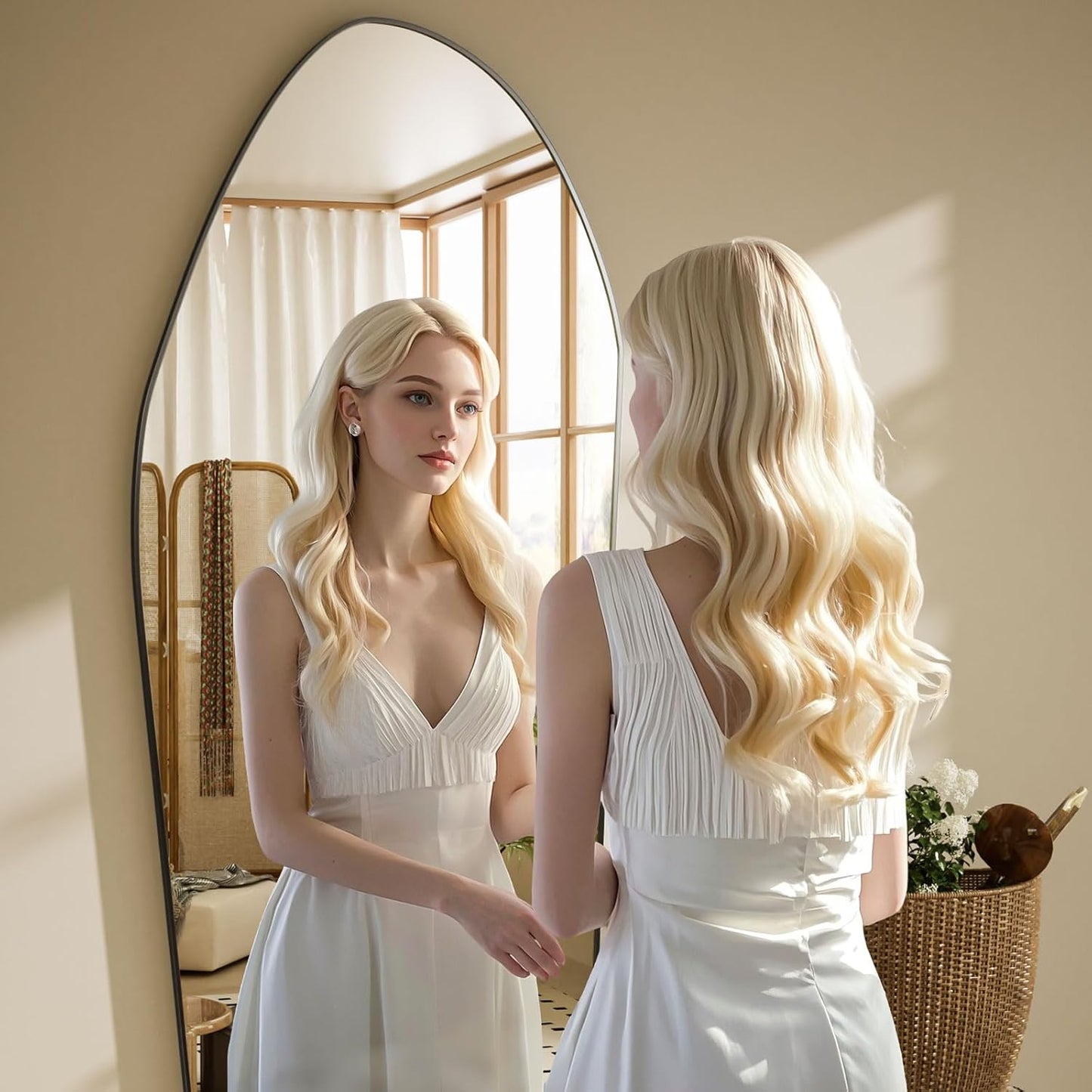 Full Length Floor Mirror - 76"x34" Aluminum Frame Irregular Diamond Shaped Standing Leaning Hanging for Bedroom Living Room Cloakroom Decor Large Mirror Black