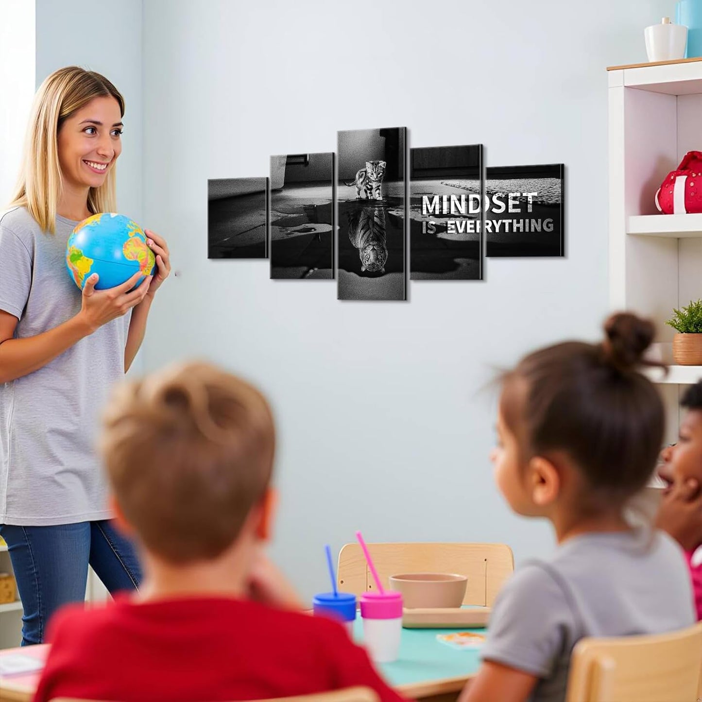 Mindset is Everything 5 Pieces Motivational Tiger Wall Art with Wooden Frame, Inspirational Quotes Poster for Office & Home Decor, Modern Motivational Wall Decor, Positive Office Art Canvas 60'' x 32''