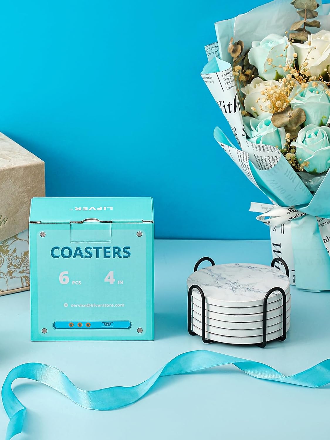 LIFVER Coasters for Drinks, White Marble-Style Absorbent Coasters with Holder, Housewarming Gifts for Home Decor, Suitable for Kinds of Cups, 4 Inches, Set of 6