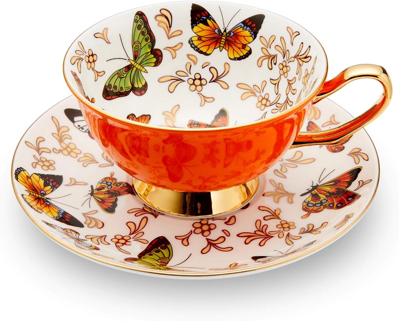 LURRIER Coffee Cup Mug with Saucer for Latte, Cappuccino Tea with Butterflies 6.8 Oz Fine Bone China, Dishwasher Safe, Reactive Glaze, 1 Pcs