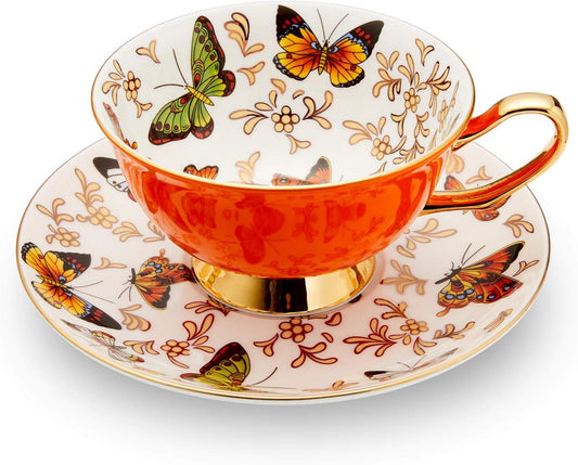 LURRIER Coffee Cup Mug with Saucer for Latte, Cappuccino Tea with Butterflies 6.8 Oz Fine Bone China, Dishwasher Safe, Reactive Glaze, 1 Pcs