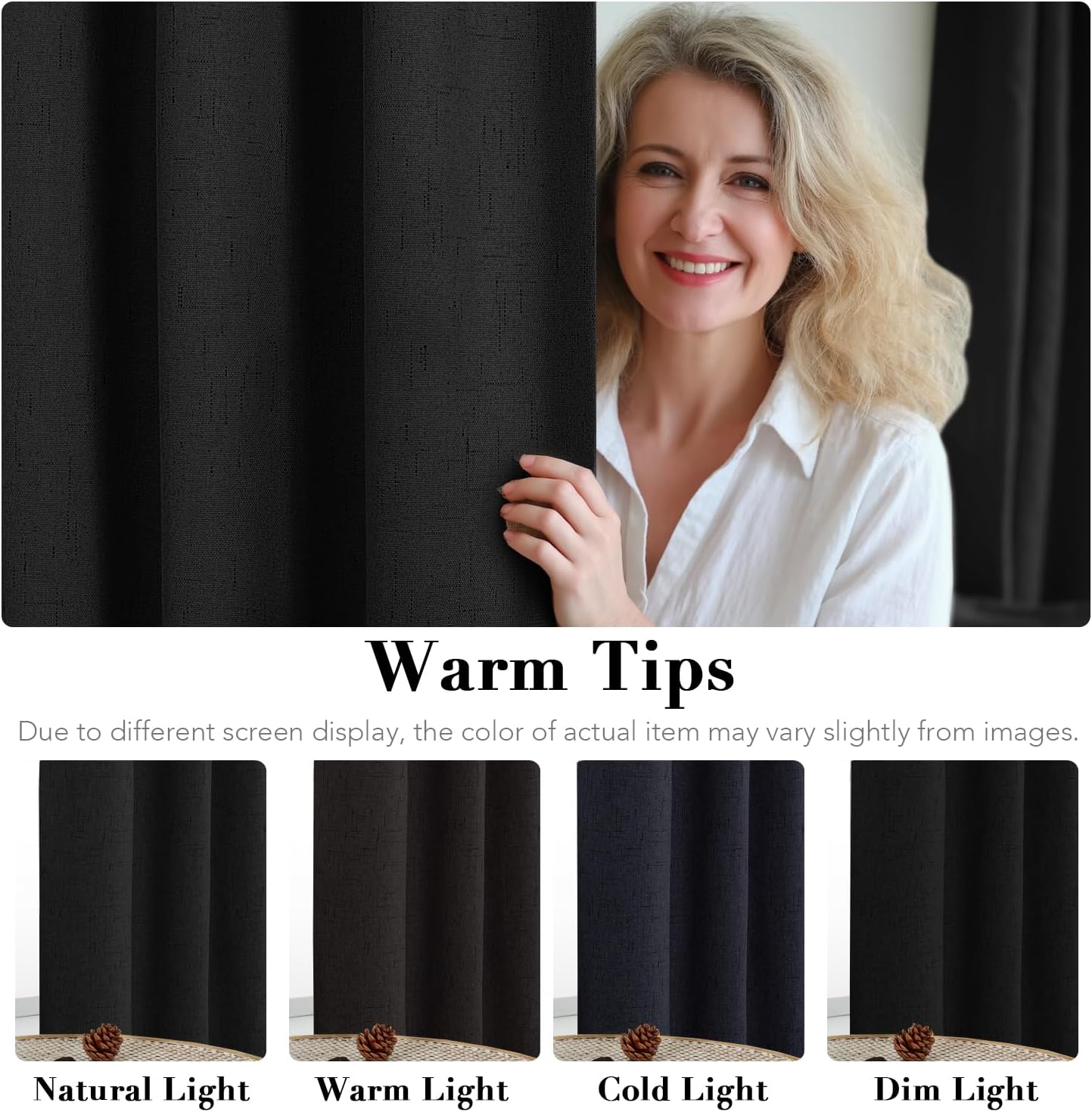 H.VERSAILTEX Linen Blackout Curtains 63 Inches Long 100% Blackout Thermal Insulated Textured Linen Look Curtain Draperies Anti-Rust Grommet, Energy Saving with White Liner, 2 Panels, Black