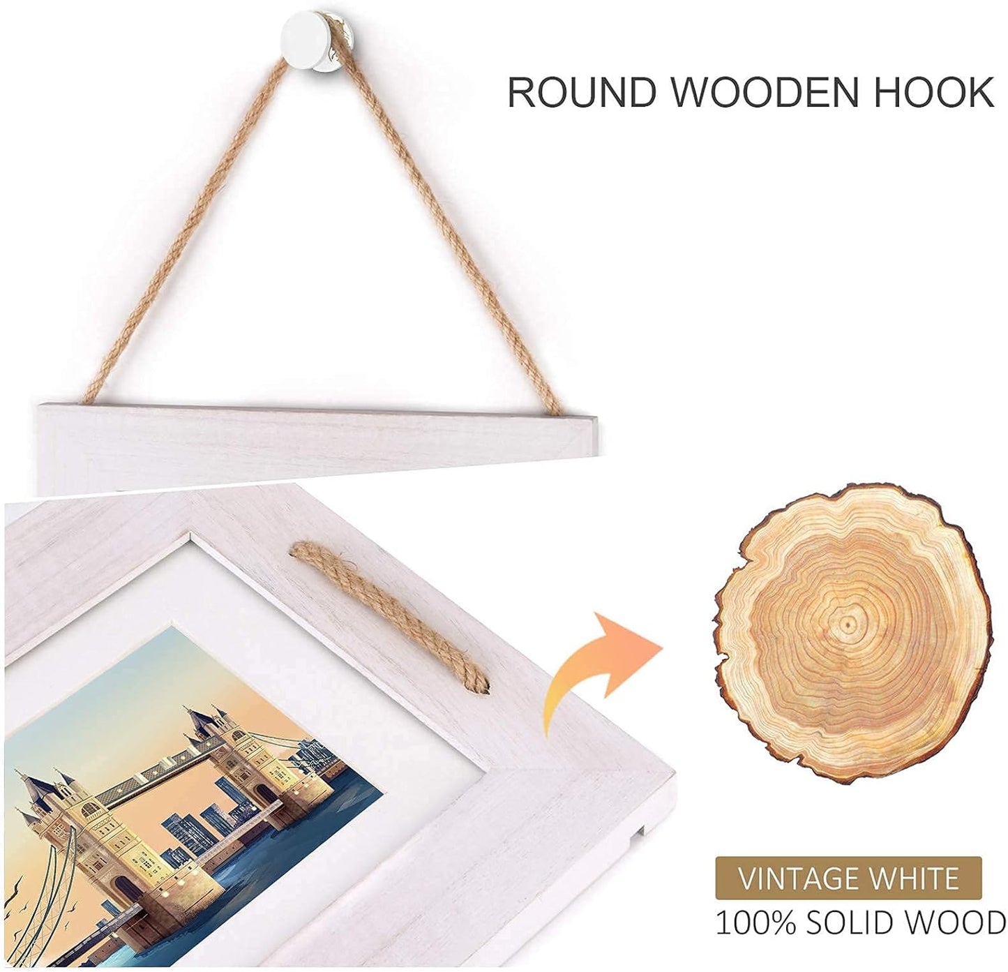 DLQuarts 5x7 Hanging Picture Frames Collage Wall Decor, 4-Opening 5x7 Matted to 3.5x5 Photo Rustic Wood Frame with Hemp Rope, 1 Pack, Vintage White