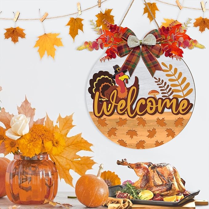 3D Welcome Fall Sign,Turkey Door Hanger Autumn,Hello Fall Door Wreath,Thanksgiving Day Wall Decoration,Maple Leaves Harvest Turkey Porch Sign for Home Farmhouse Yard Indoor Office Party