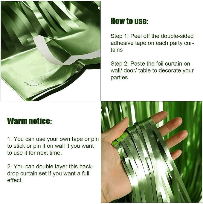 4 Pack Light Green Foil Fringe Curtain Backdrop, 3.28Ft x 9.84Ft Metallic Tinsel Streamers Curtains for Party, Photo Booth Props, Birthday, 2022 Graduation Decoration Supplies