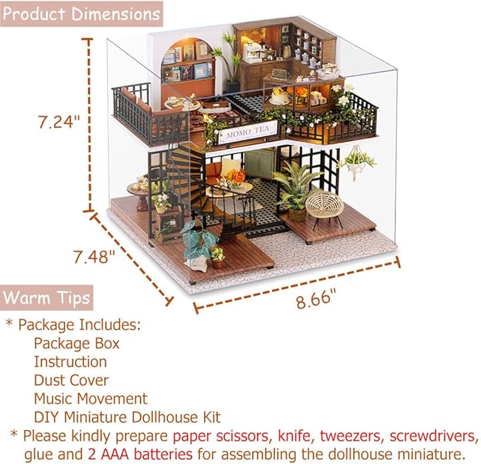 TuKIIE DIY Miniature Dollhouse Furniture Kit, 1:24 Scale Creative Room Wooden Doll House Accessories Plus Dust Proof & Music Movement for Kids Teens Adults(Forest Teashop)