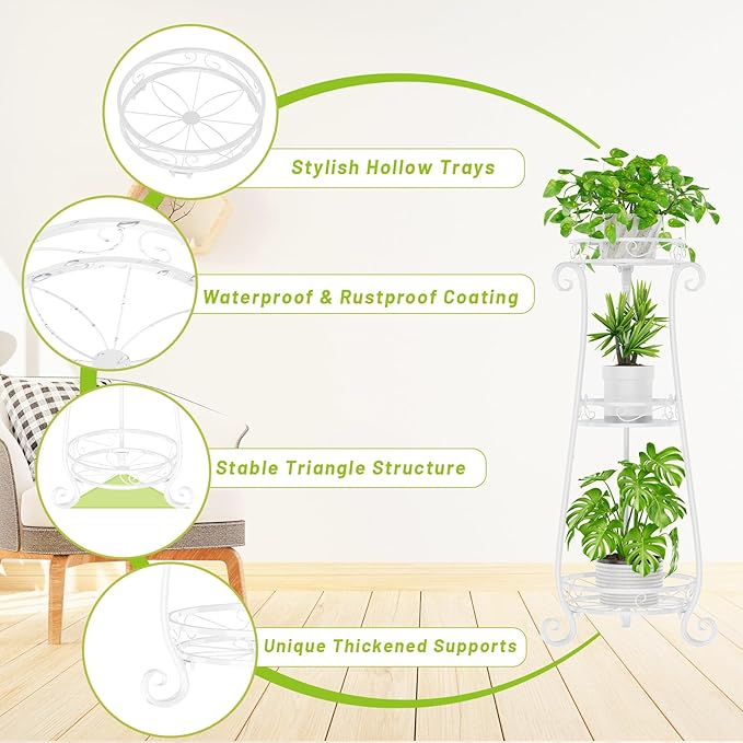 KMOTASUO 3 Tier Metal Plant Stand Indoor, 34 Inch Tall Corner Plant Stands for Indoor Plants, Flower Pot Holder Shelf Display Rack for Balcony Garden Patio Living Room(White)