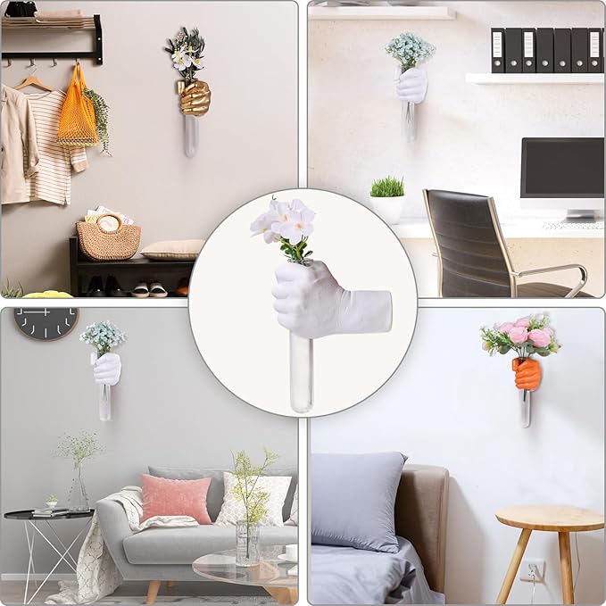Creative Wall Hanging Sculpture, Funky White Hand Vases Home Decor, Artistic Hanging Hand Sculptures with Test Tube Vases, Unique Wall Art Statue